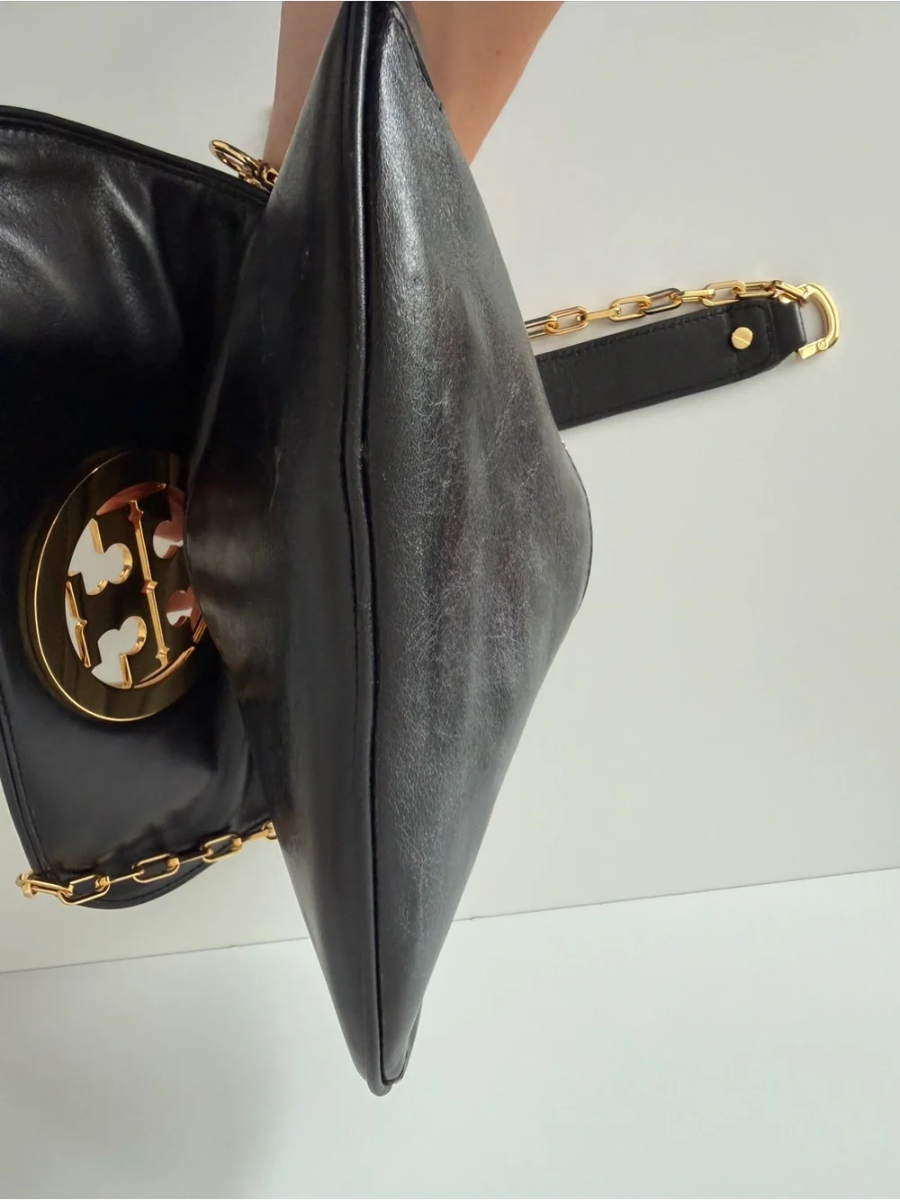 Tory Burch Reva Leather Clutch in Black with Gold Chain